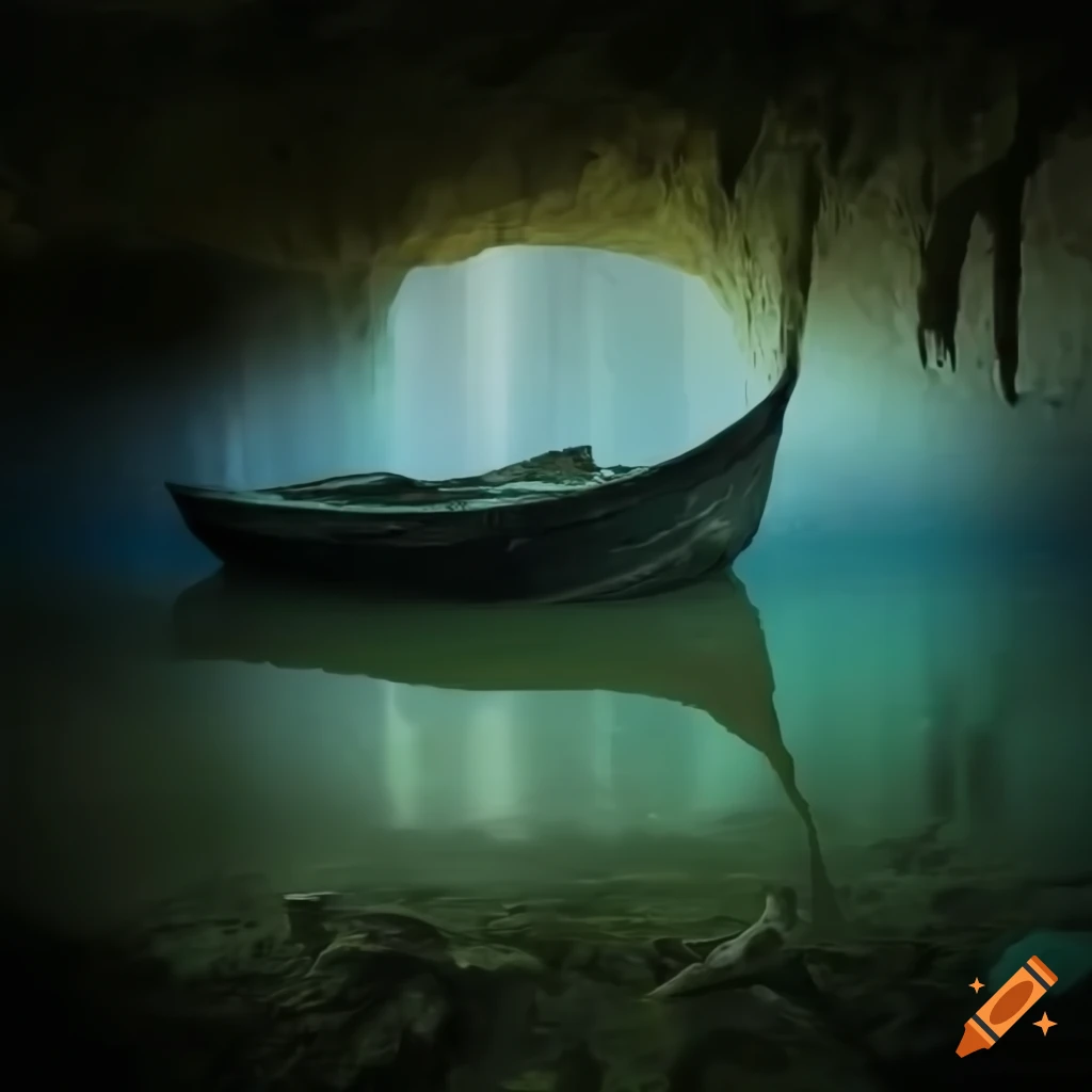 Old rowing boat on a broken jetty in an underground cave with water