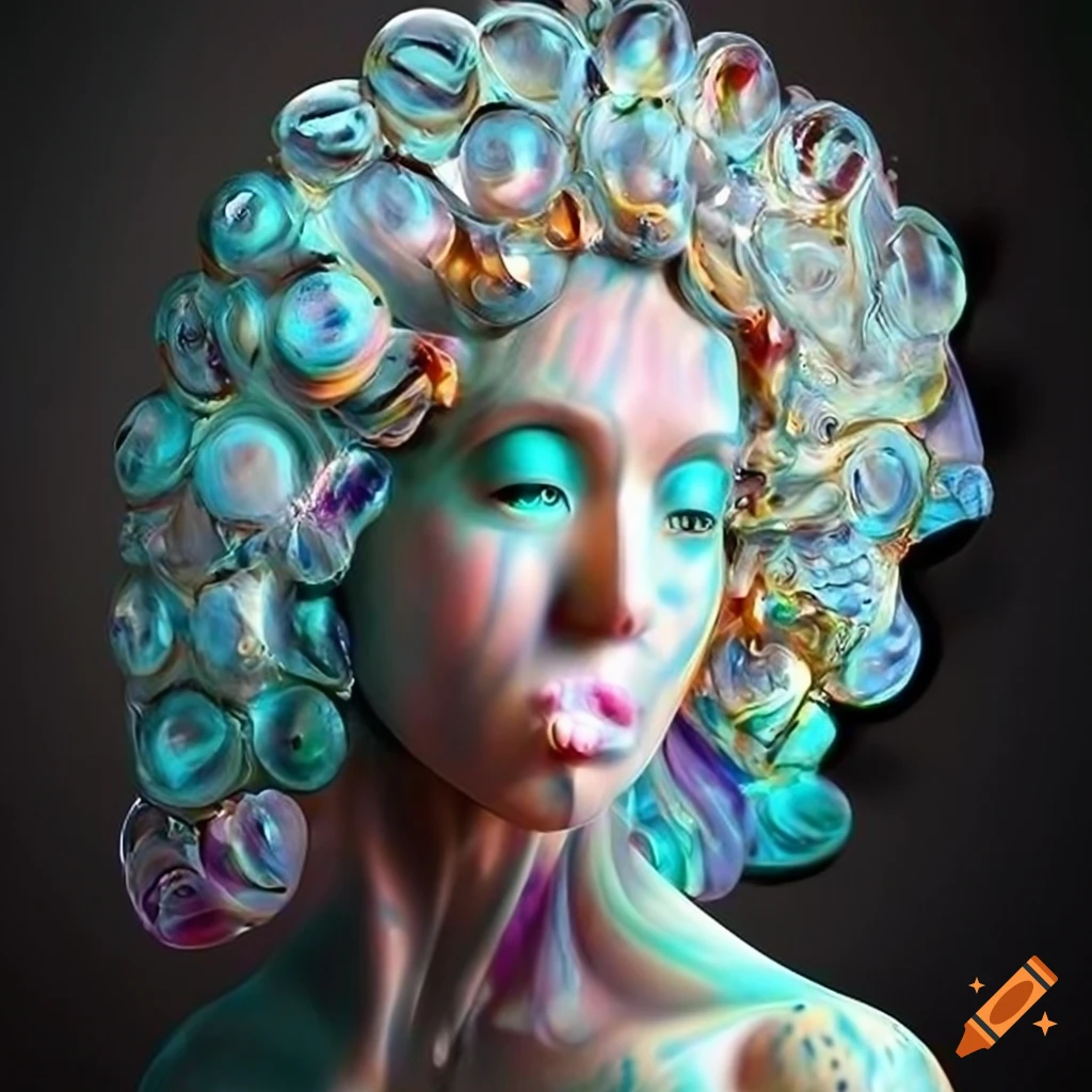 Sculpted random colored veined marble figures with opalescent lighting