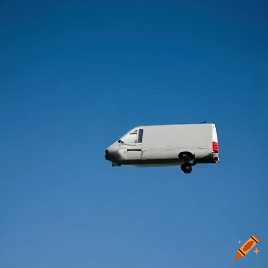 White van flying across a blue sky