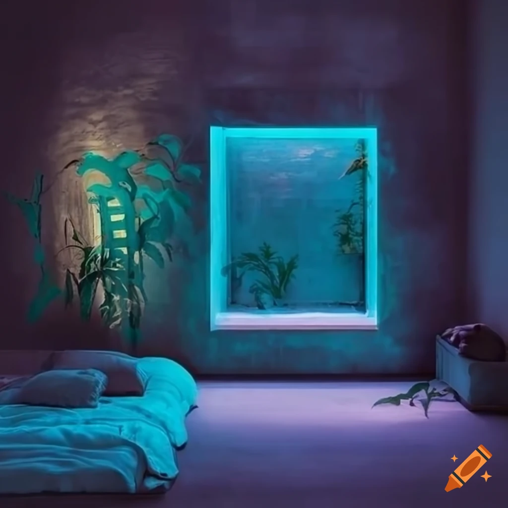 Brutalist concrete bedroom with water feature, plants, and aqua neon lighting