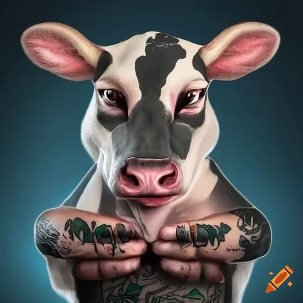 Anthropomorphic cow with tattoos of love and hate on its hands