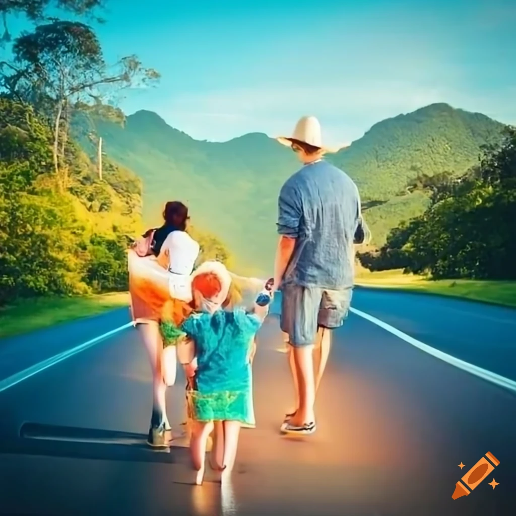 Family on a road trip from Brisbane to Cairns with a map in the background