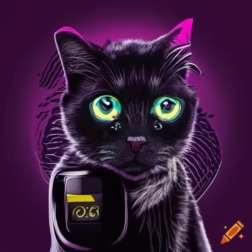 Black main coon cat with a vintage Nokia mobile phone in 80s style
