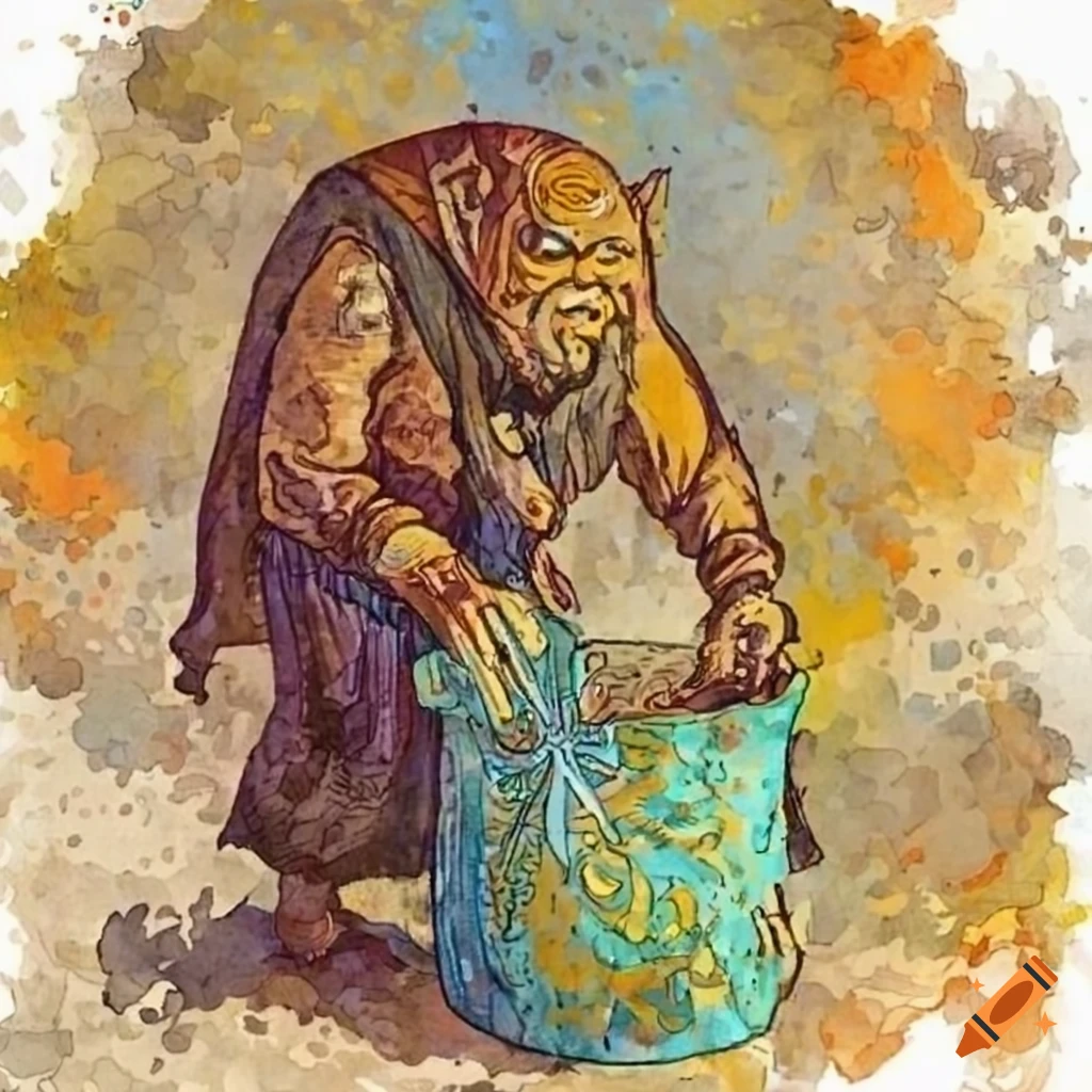 Cartoon-style portrait of a bugbear magician crafting a spell in the style of Gustave Dore