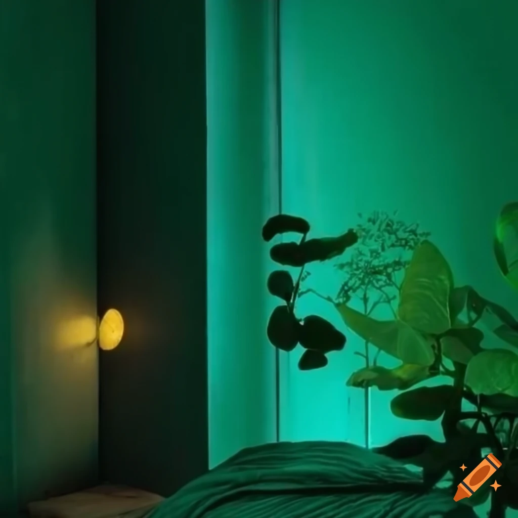 Brutalist concrete bedroom with plants and green neon lighting