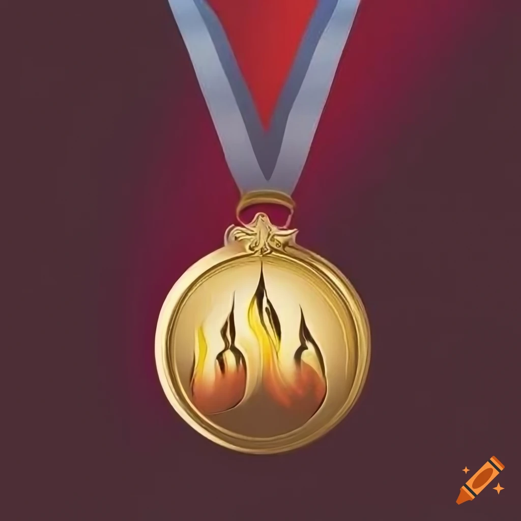 Prestigious gold medal with engraved flame symbol