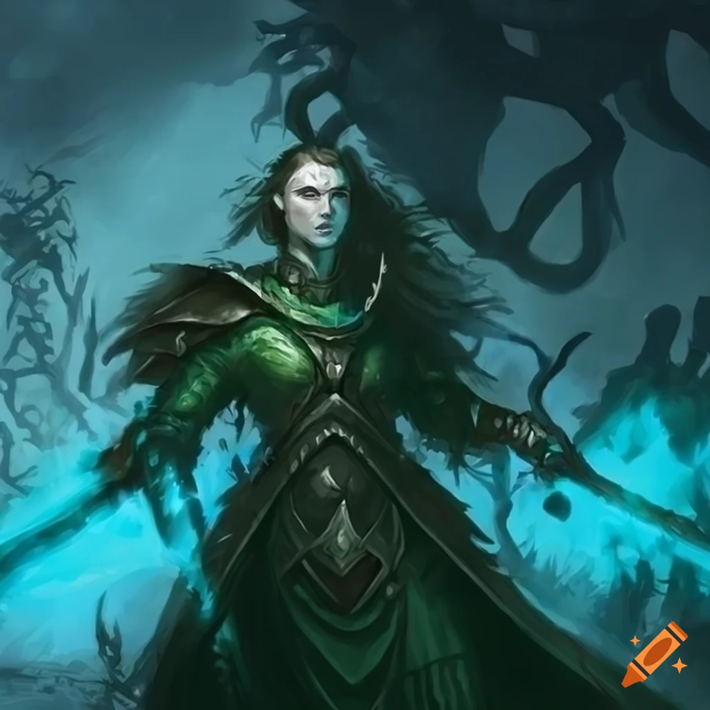 Fantasy army battle in a Magic the Gathering art style with green and blue colors