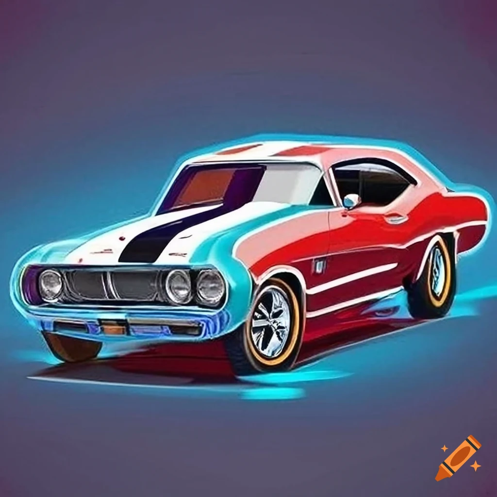 High-quality sticker design of a red, white, and blue muscle car with the caption "American Muscle Car"