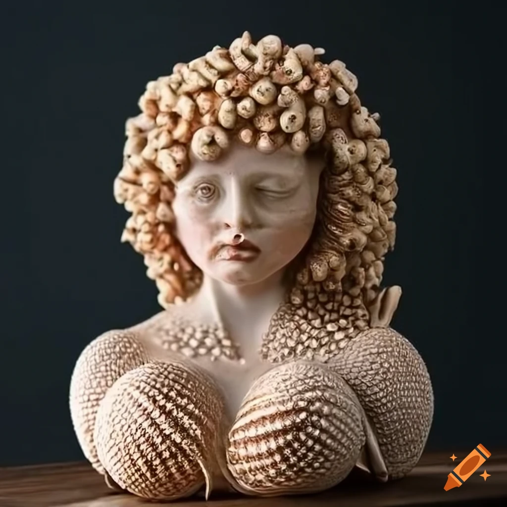 Glazed clay sculpture of a goddess with a sea urchin on Craiyon