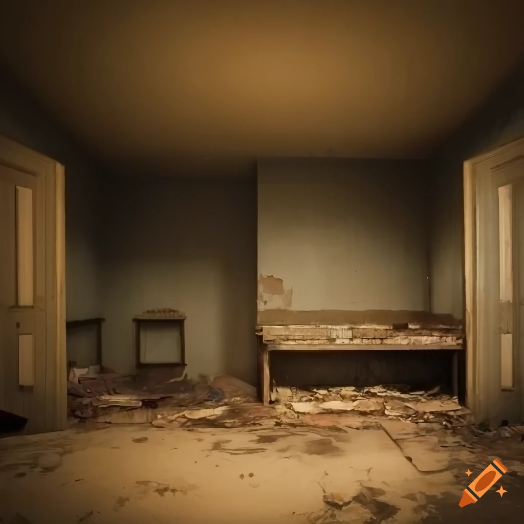Abandoned flooded basement room with built-in cabinets and peeling pastel paint