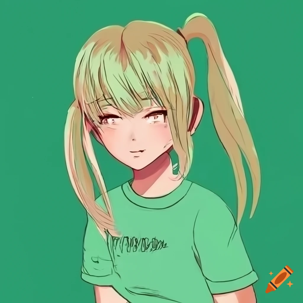 Blonde anime girl with blunt bangs and short pigtails sleeping in green  t-shirt on Craiyon