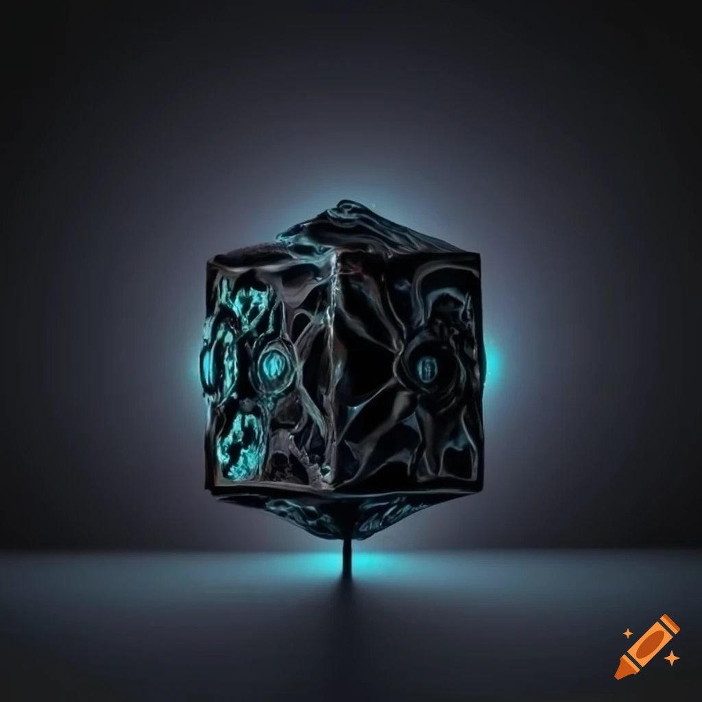 Alien artifact: black ornate cube made of dark crystalline material on ...