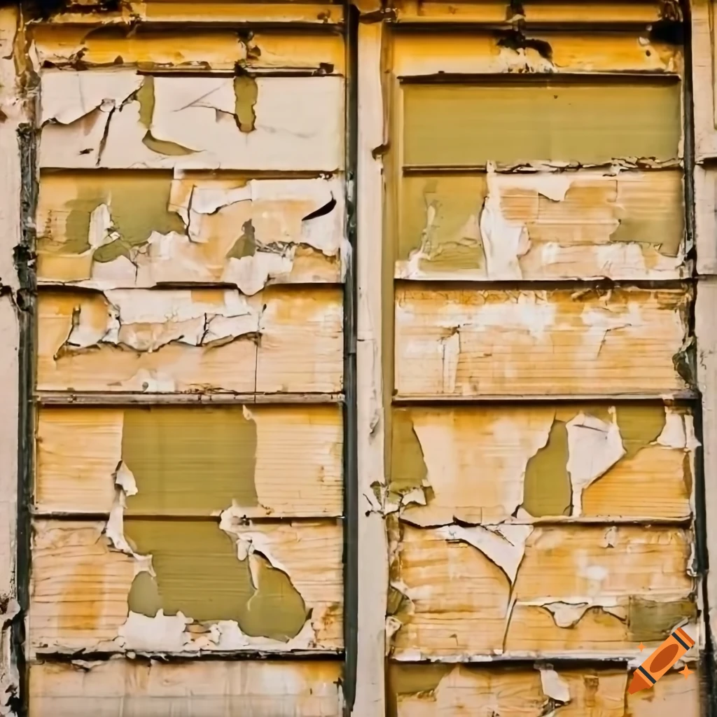 Close up of peeling concert posters on an abandoned wall with pale tan and olive green colors