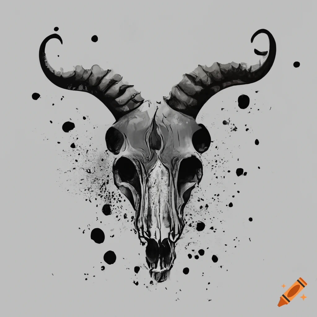 Goat skull, ink splash, and rose in black and white on white background