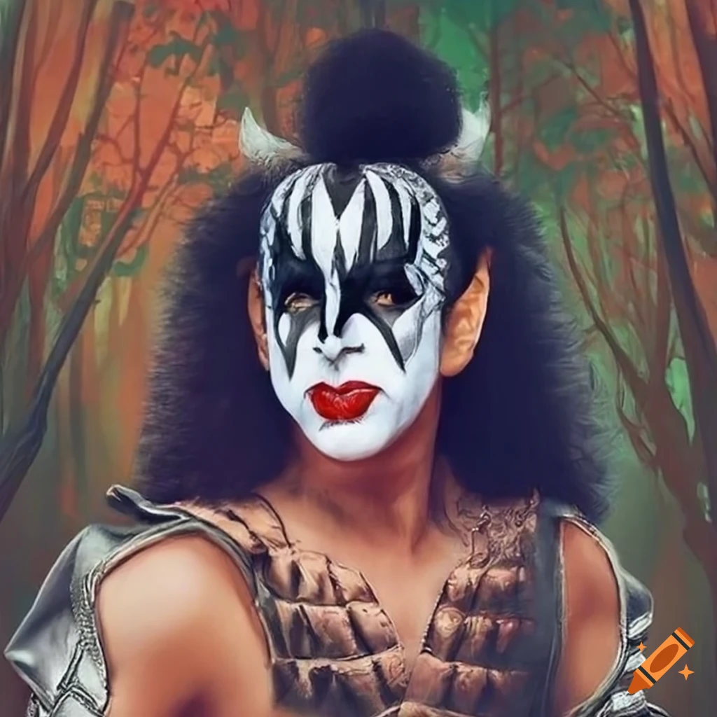 Gene Simmons from Kiss as an elf with pointy ears in a forest