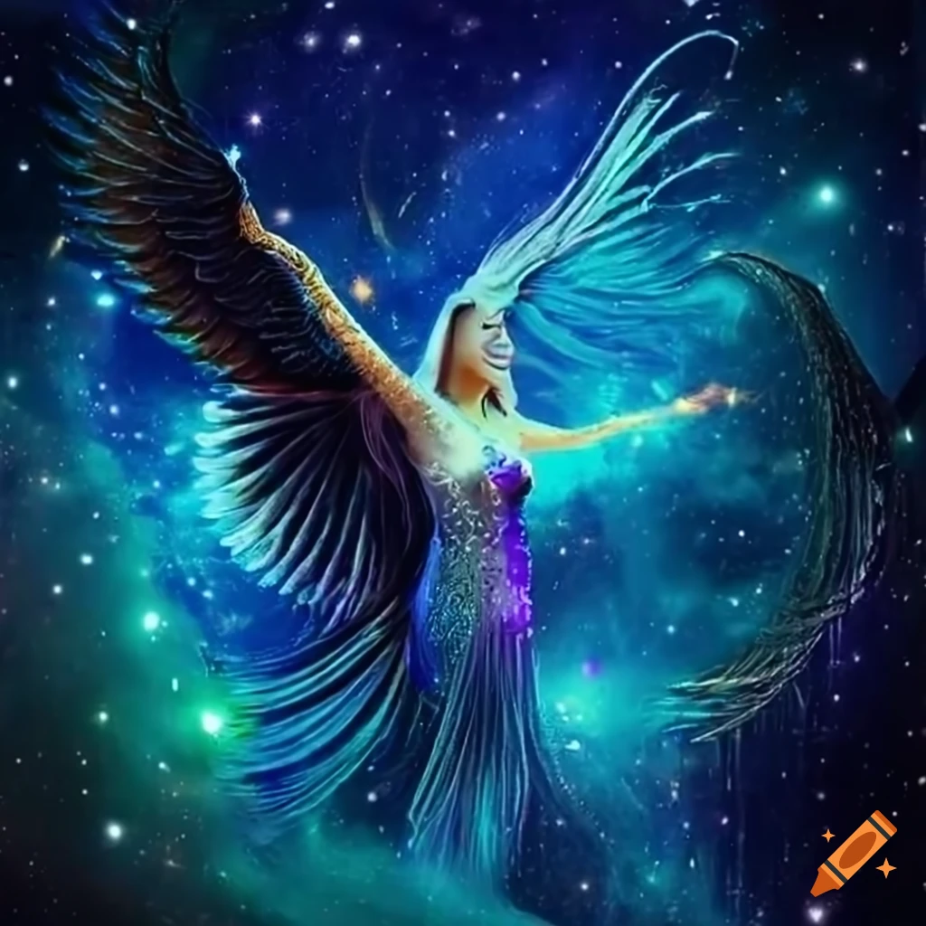Spiritual singing portrait with galactic phoenix in a blue shimmering universe