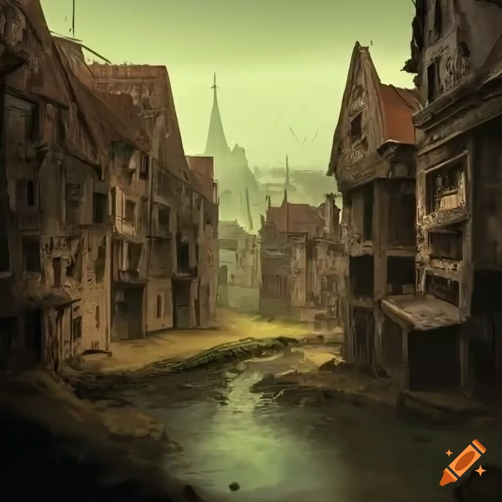 Flooded abandoned fantasy town on top of a plateau with water flowing down the sides