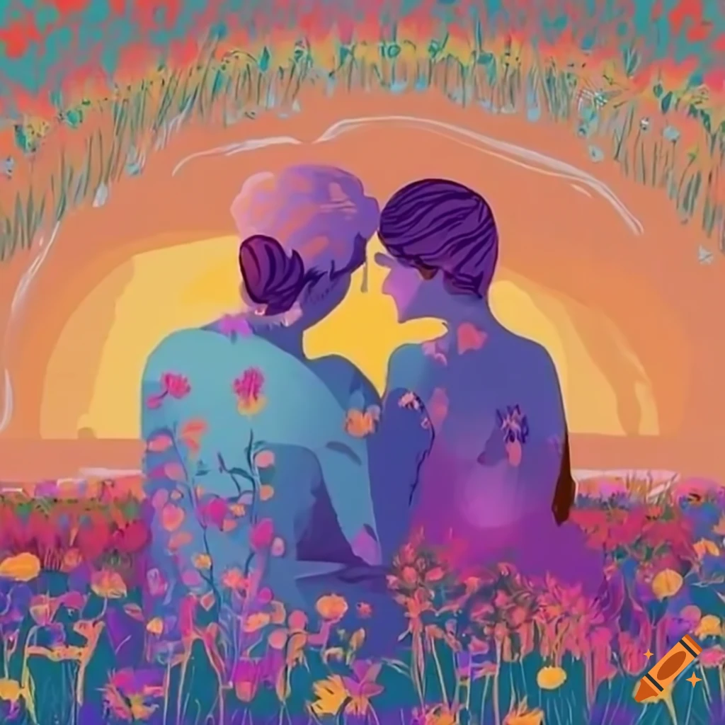 Romantic couple enjoying sunset in a field of vibrant flowers on Craiyon