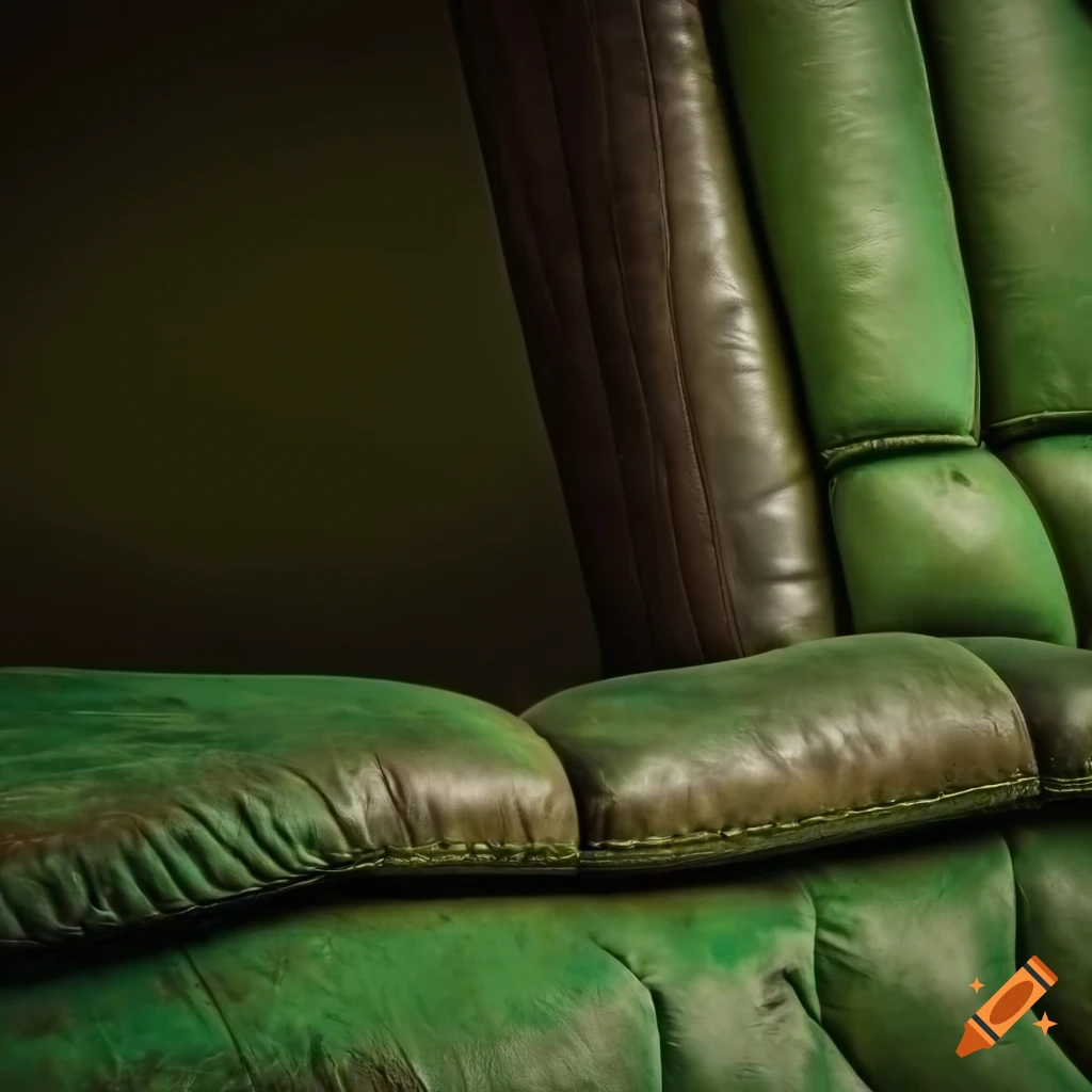 Close-up of old green worn leather chair with stuffing spilling out