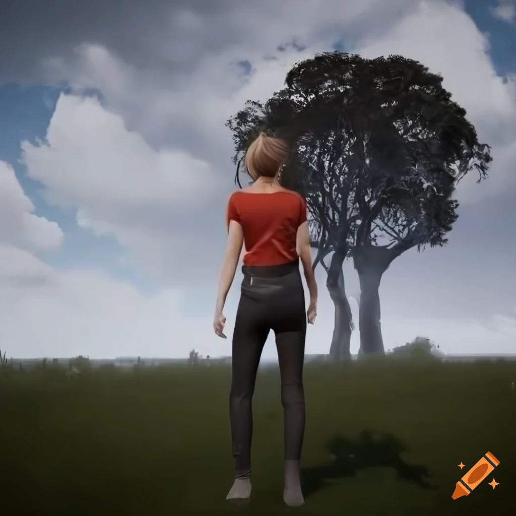 Sci-fi woman in t-shirt and pants standing in meadow with Australian tree and cloudy sky