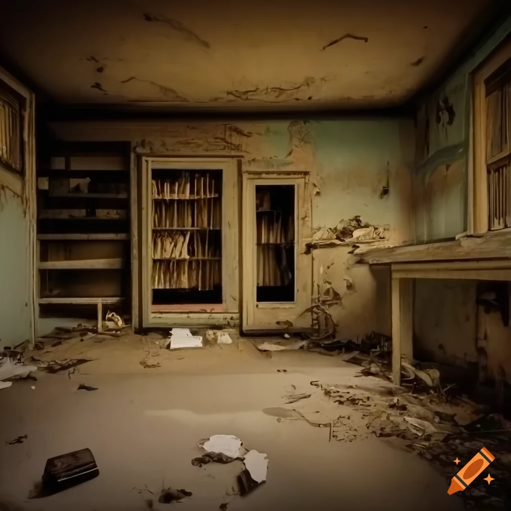 Abandoned flooded basement room with built-in cabinets and shelves, narrow windows, and pale pastel colors