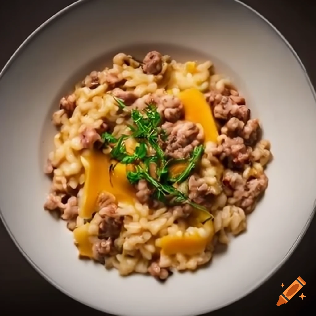 Creamy and cheesy pumpkin risotto with minced meat on Craiyon