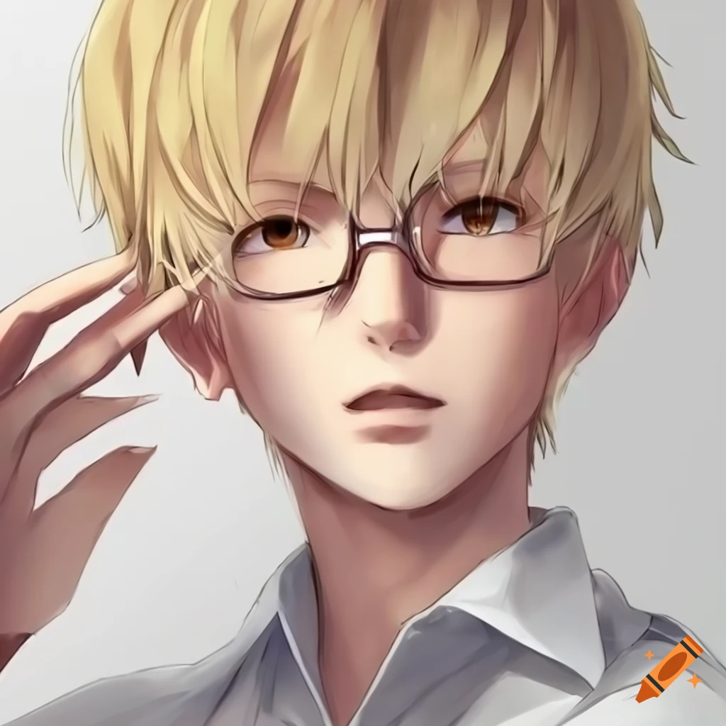 Anime boy with blonde hair, brown eyes and glasses wearing a white button-up shirt