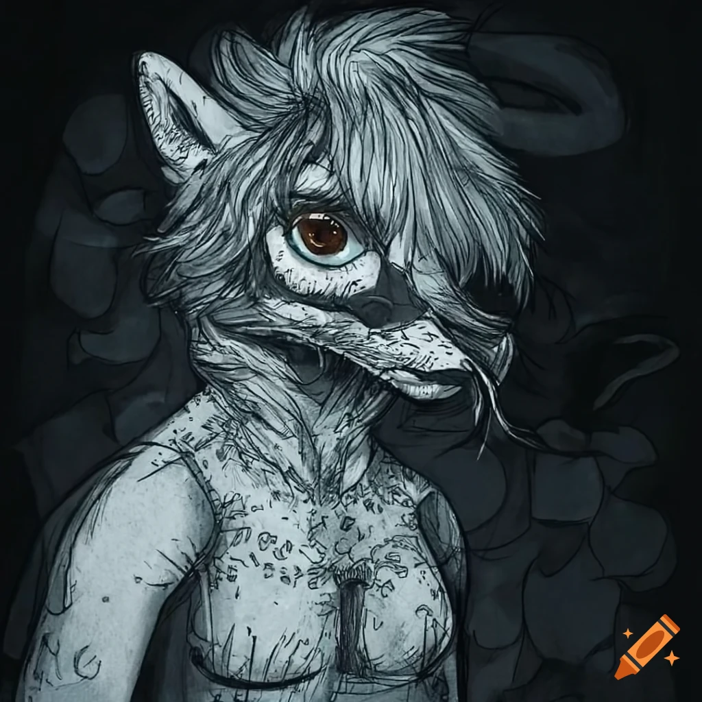 Grunge edgy sketch of a punk furry anthropomorph with orange eyes in gray eastern Europe aesthetics art ink