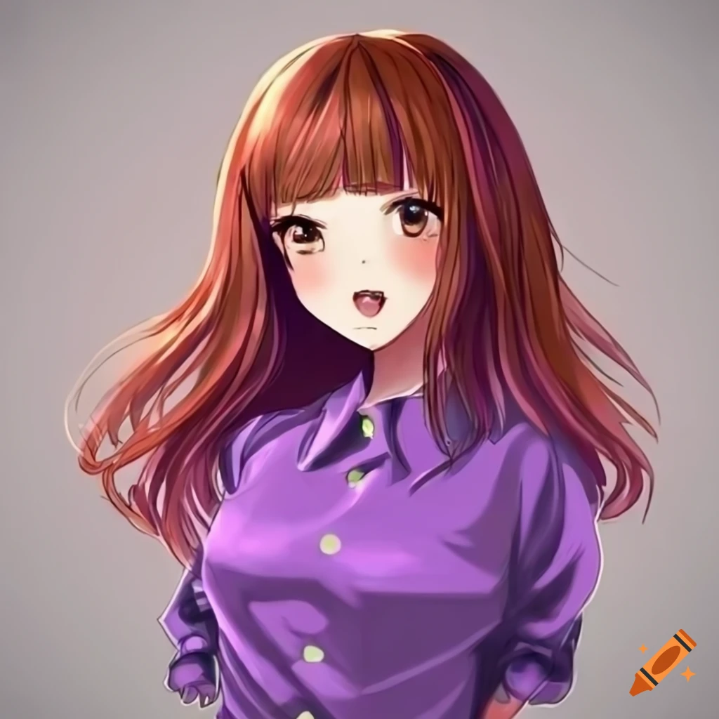 Happy anime girl with brown eyes and long reddish-brown hair in a ...