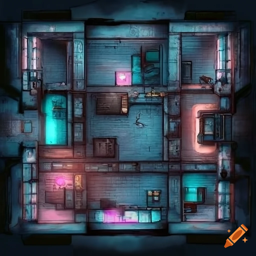Top view map of a CyberpunkRED Nightclub basement with storage, hostage room, and clinic