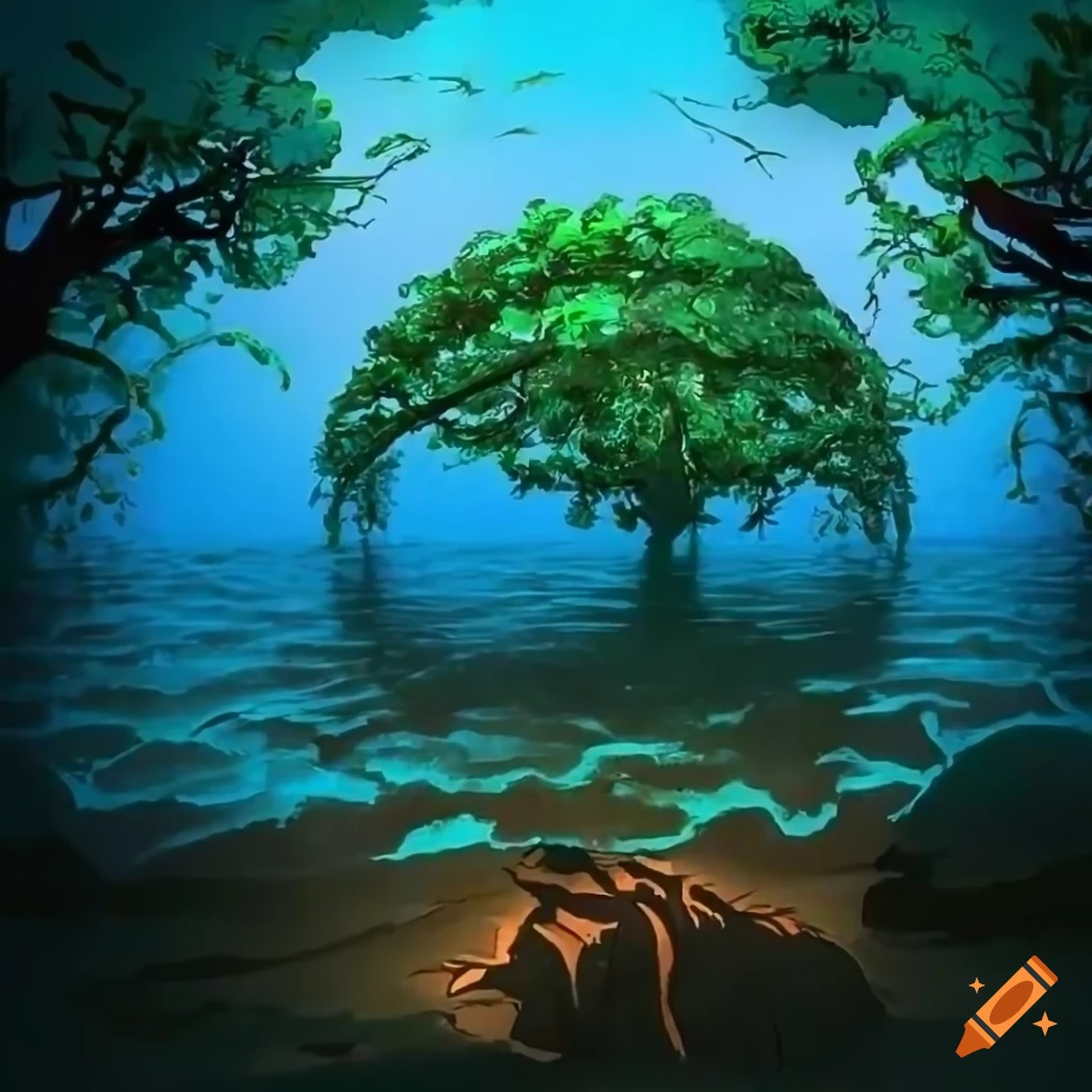 Viney trees around a round lake with a bright blue pearl and hindu