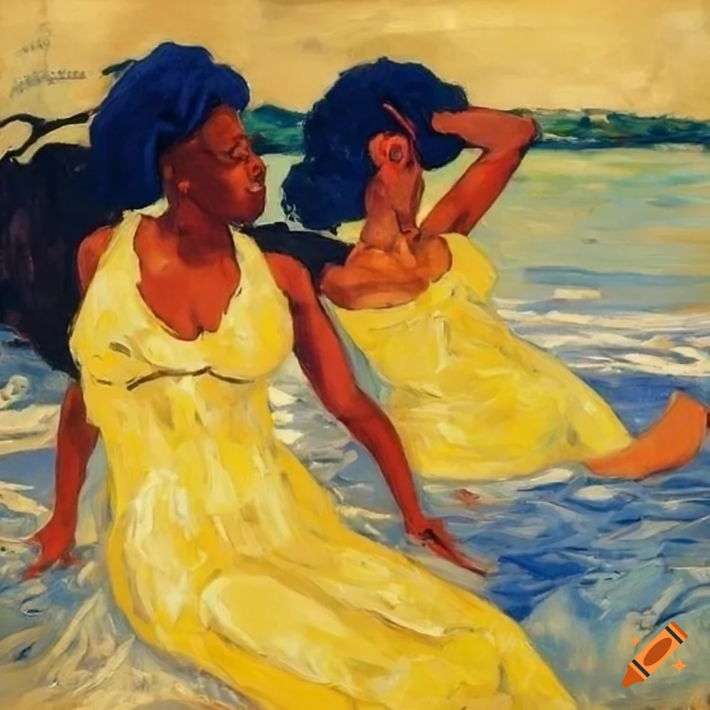 Black women bathers by the river in the style of hugo pratt schiele and sorolla on Craiyon