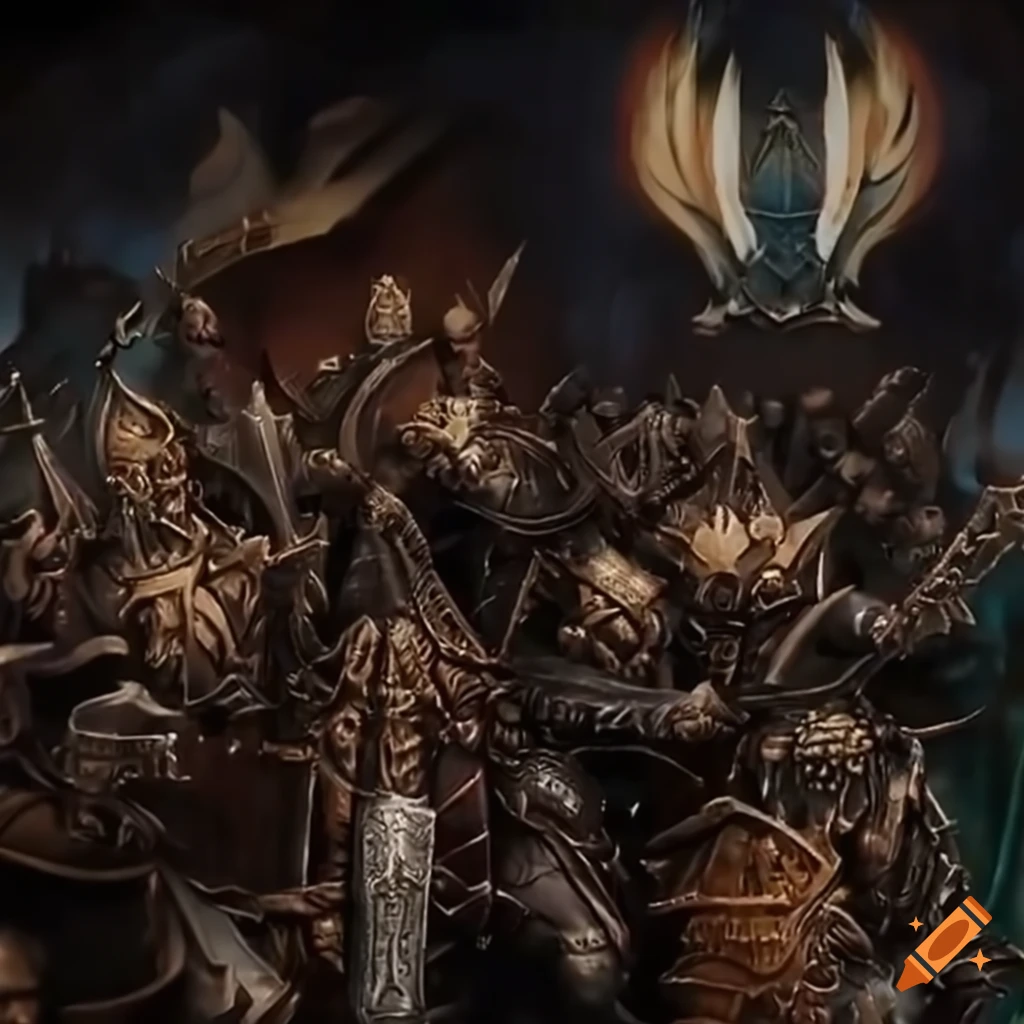 Battle scene between Sigmar human armies and dark elves in the Warhammer Fantasy world