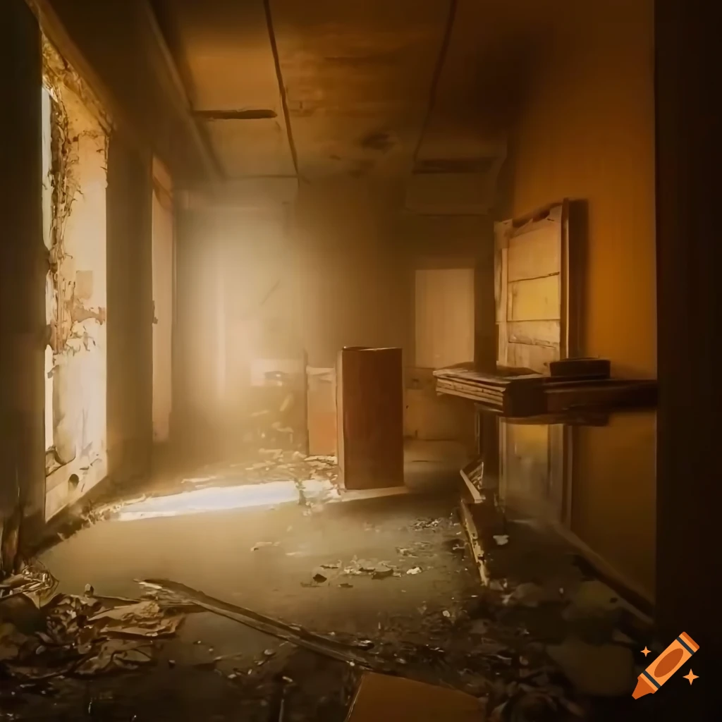Abandoned sunny offices with decaying boxes and broken tinted glass windows in golden fog
