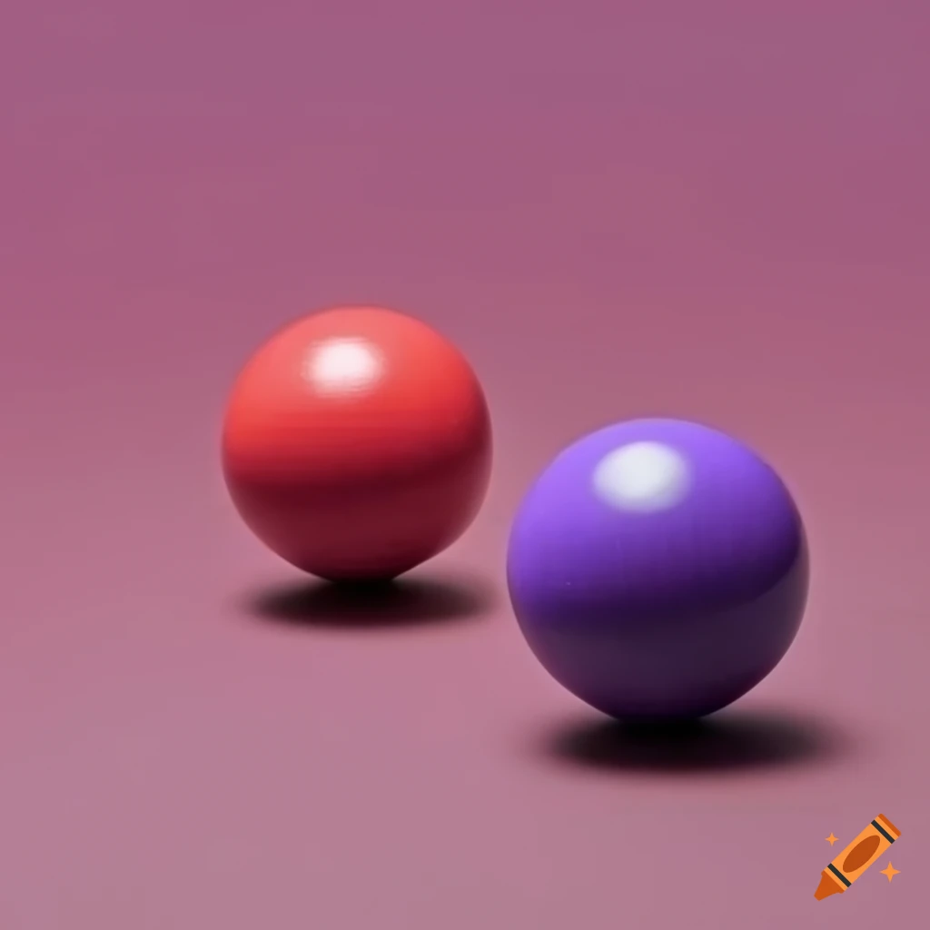Three rubber balls on a table, red, purple, and green on Craiyon