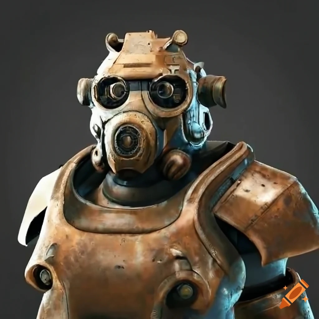 Detailed bronze-colored Fallout 4 power armor with gasmask on Craiyon