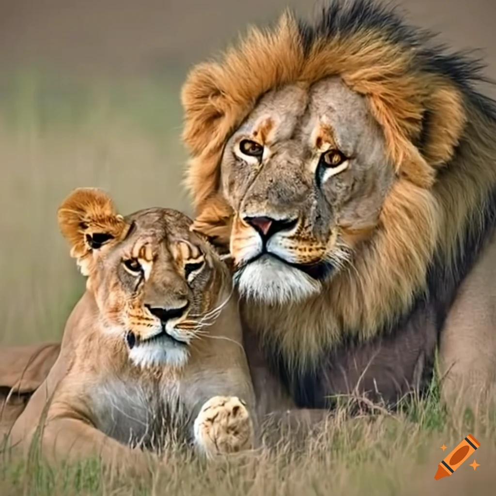 Lion and lioness hugging