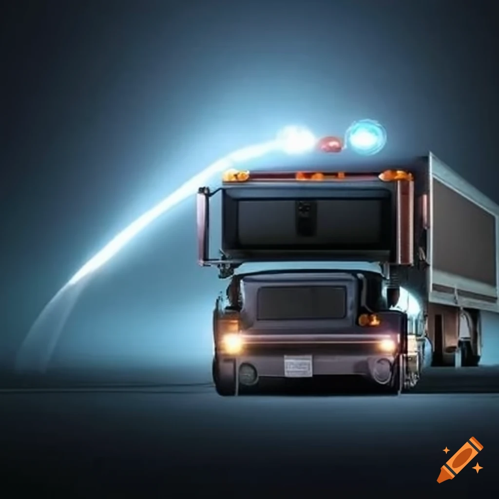 Water cannon shooting box truck with flashing lights and low bridge sign