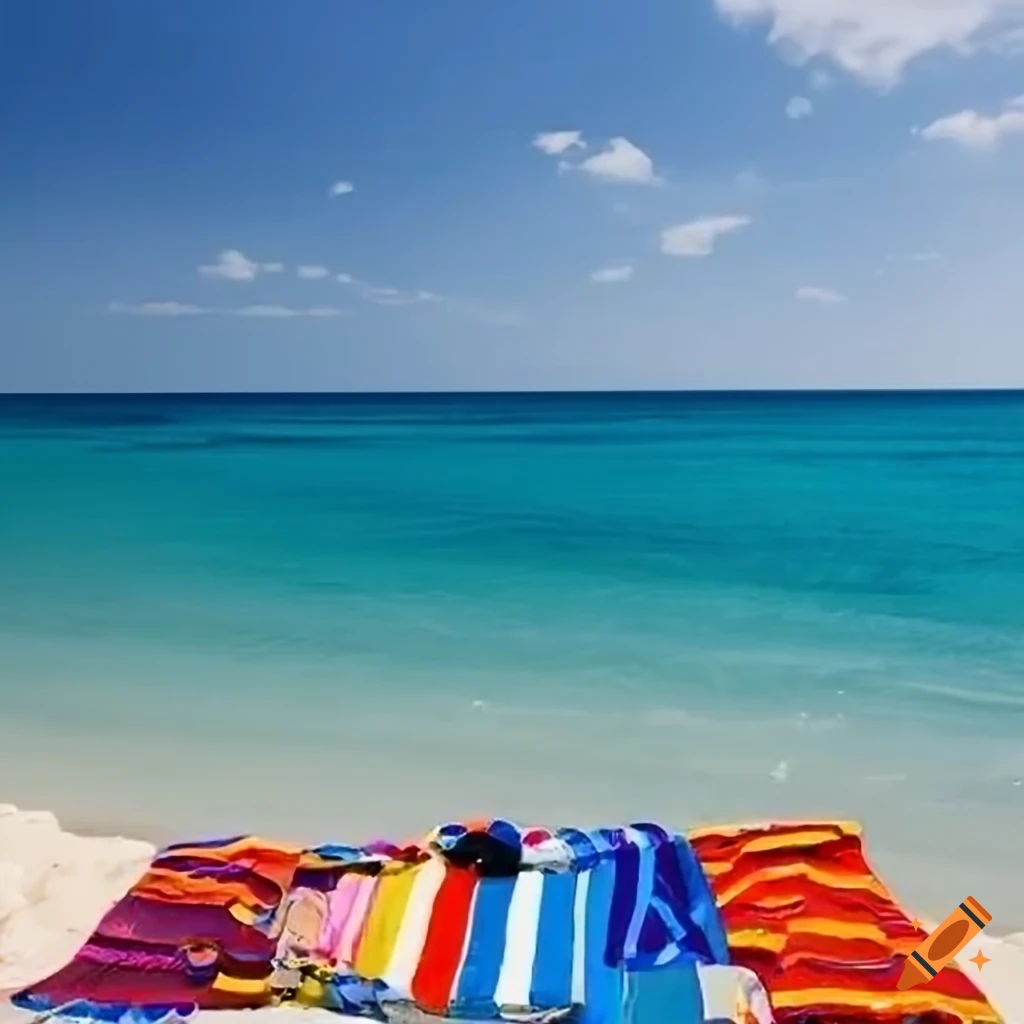 Mediterranean beach with crystal blue water, colorful umbrellas, and beach towels