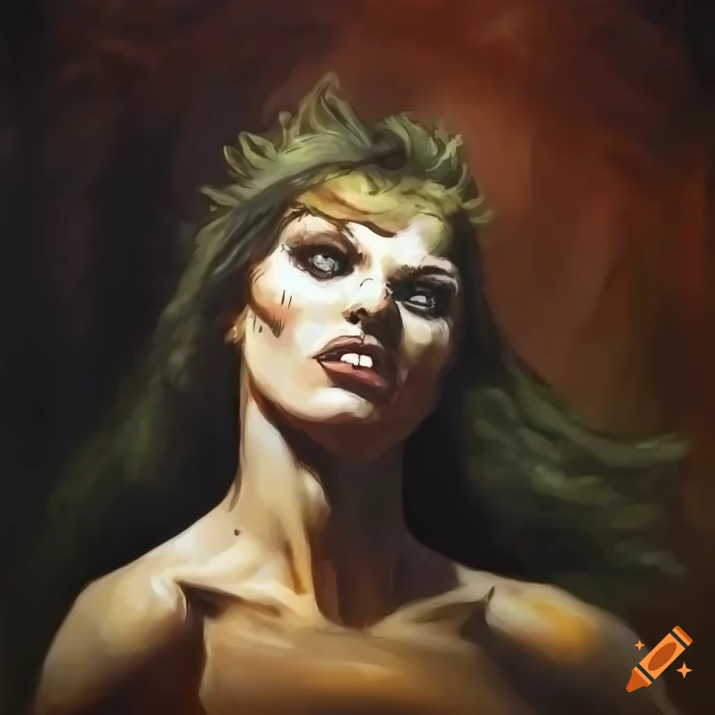 Woman transforming into a werewolf in the style of Frank Frazetta