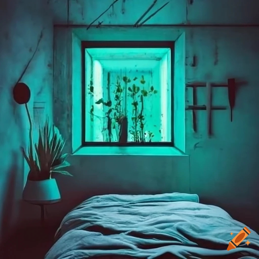 Brutalist concrete bedroom with plants and green neon lighting