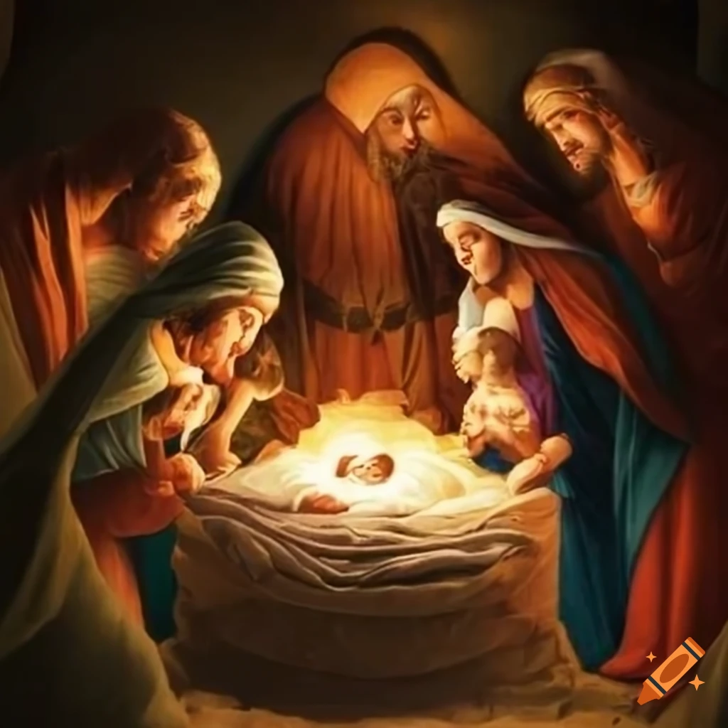 The birth of Jesus in a religious painting