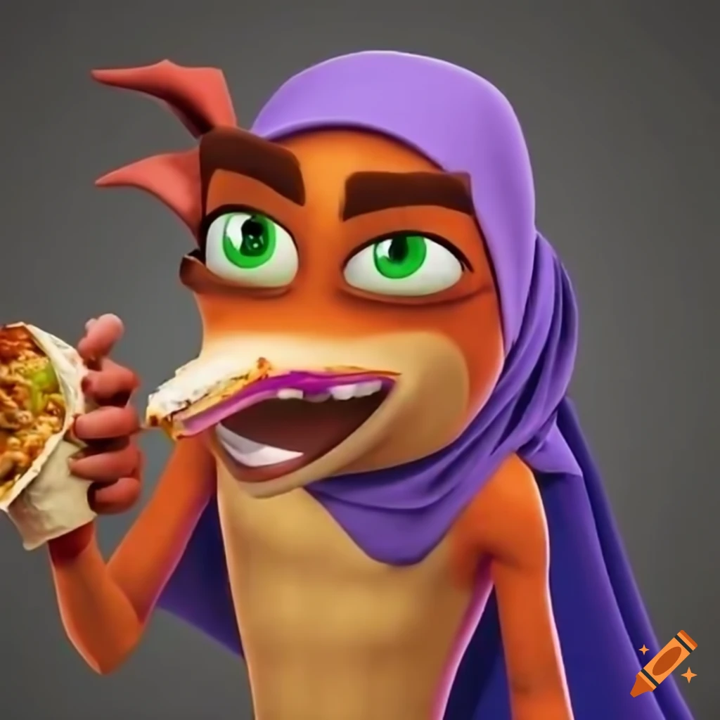 Crash Bandicoot wearing a hijab eating a doner kebab