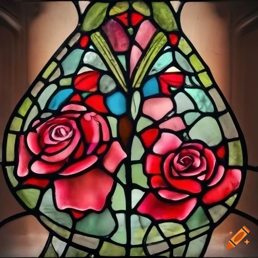 Stained glass window with art nouveau style depicting two deep red ...