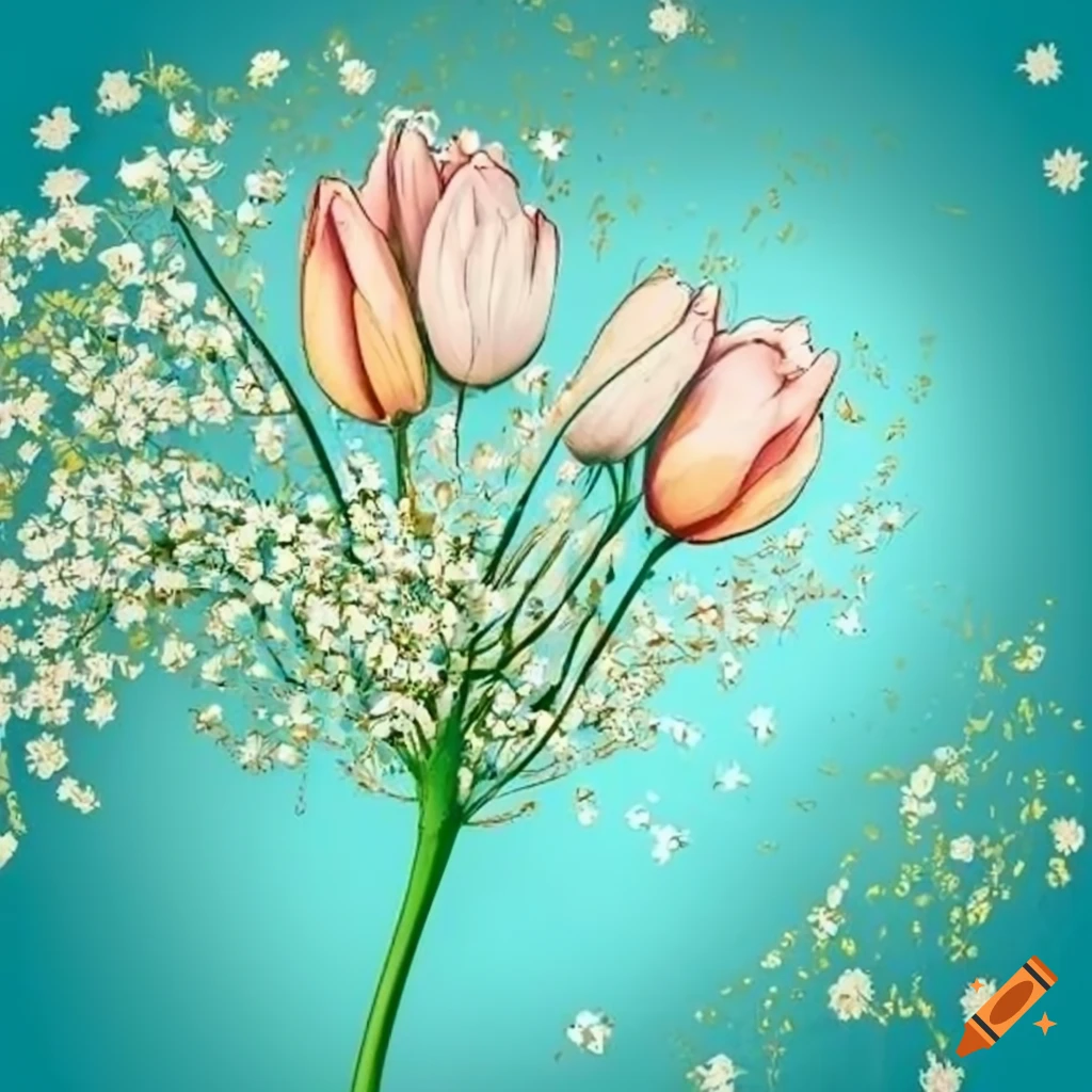 Hand drawn style tulips and baby's breath flowers on Craiyon