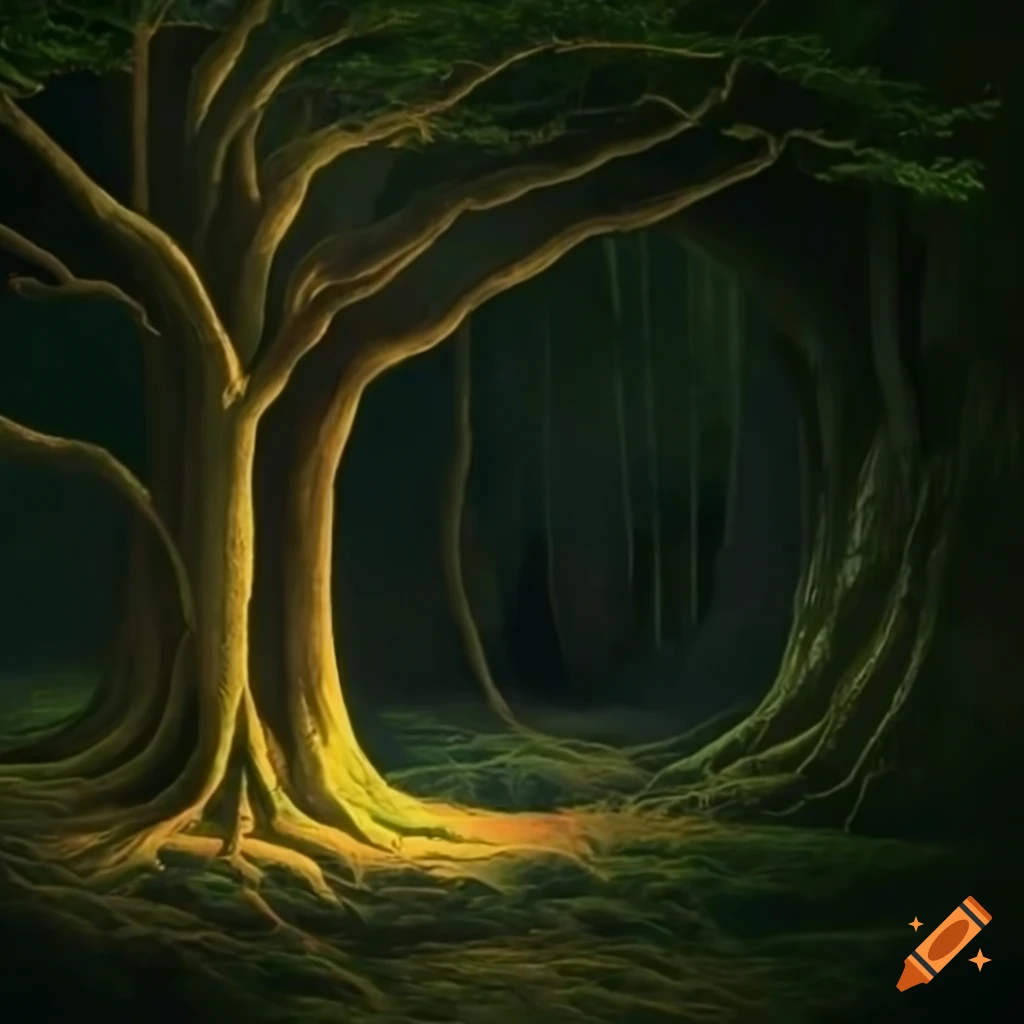 Tall tree in a nighttime forest with birds