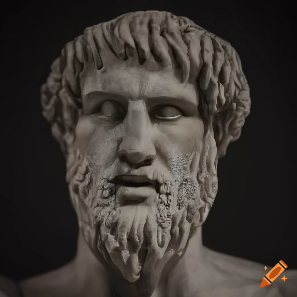 Close-up of Euripides statue with dramatic lighting emphasizing features
