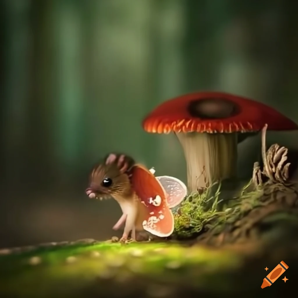 Whimsical scene of a fairy and a mouse exploring a magical forest of fungi