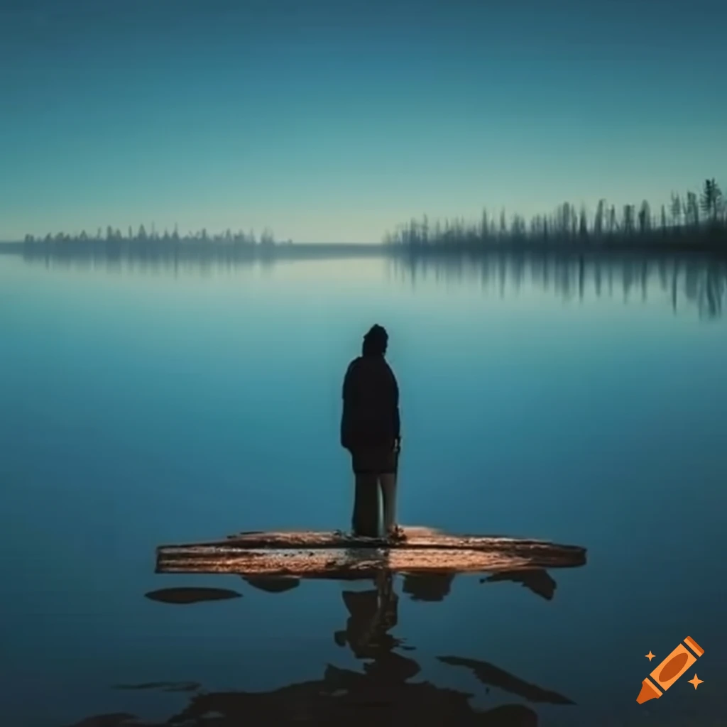 Man standing at the edge of a lake with a cross reflection