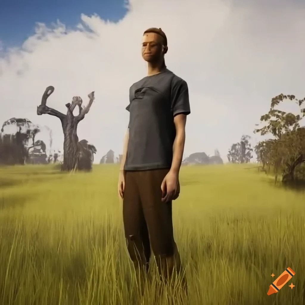 Sci-fi man in t-shirt and pants on meadow with Australian tree and cloudy sky